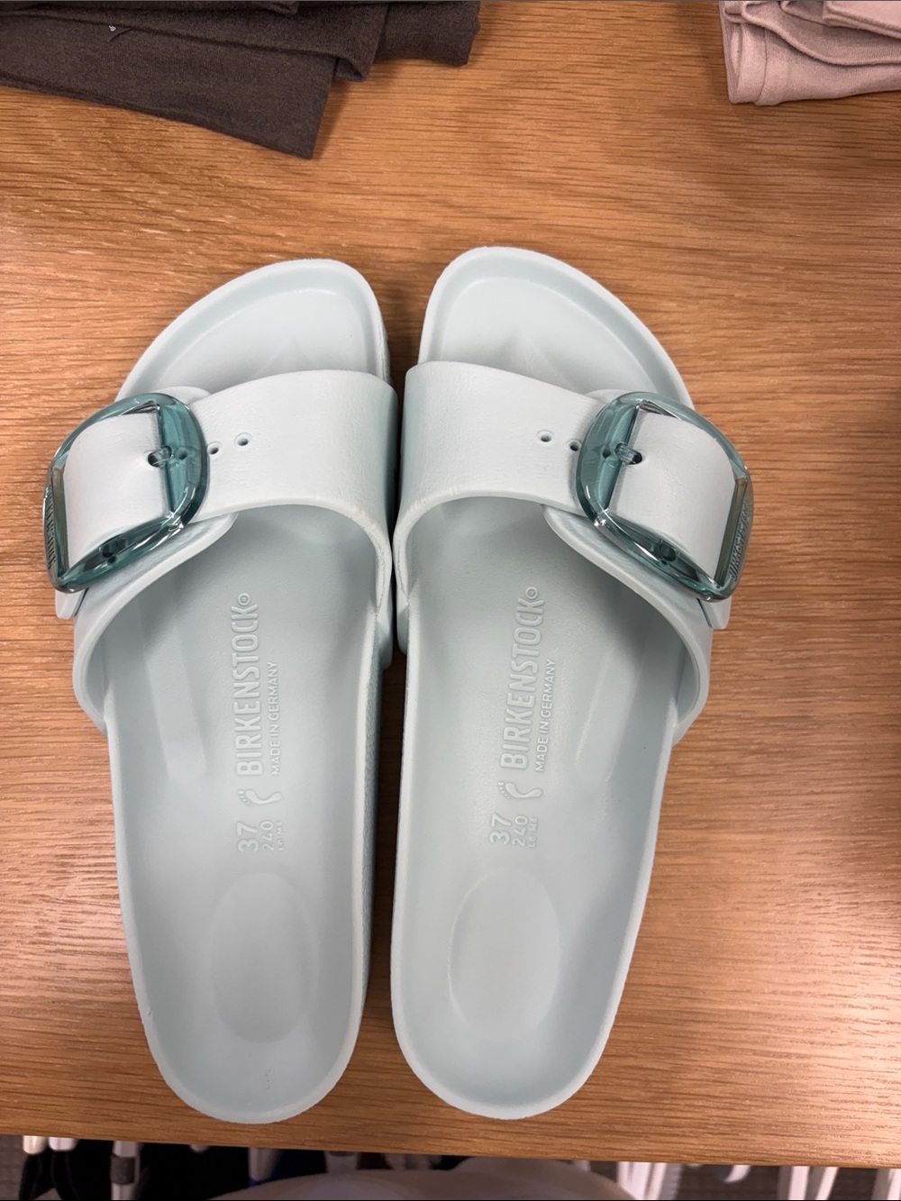 Birkenstock Women’s Madrid EVA Slide Sandals in Mint Green with Teal Buckles